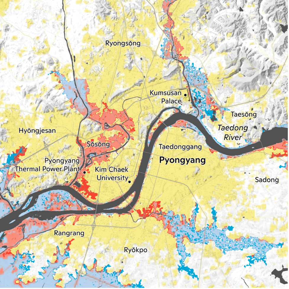 A map showing a river that runs through Pyongyang, and how more developed areas around the river will see flood risk in 2050 than currently