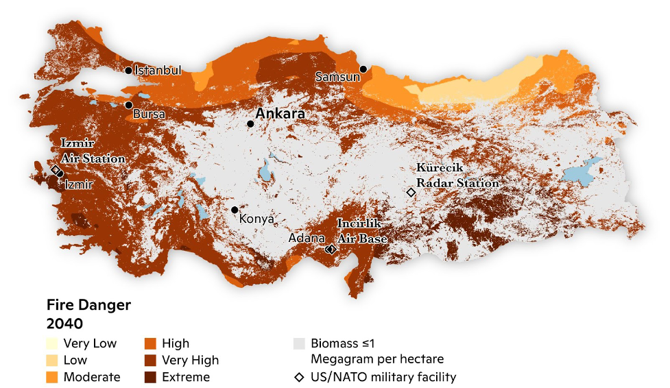 A map of Turkiye showing that 2 out of 3 US/NATO military facilities in the nation are in areas projected to have very high fire danger in 2040.