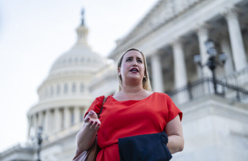 Laura Uttley speaking in front of the us capitol building