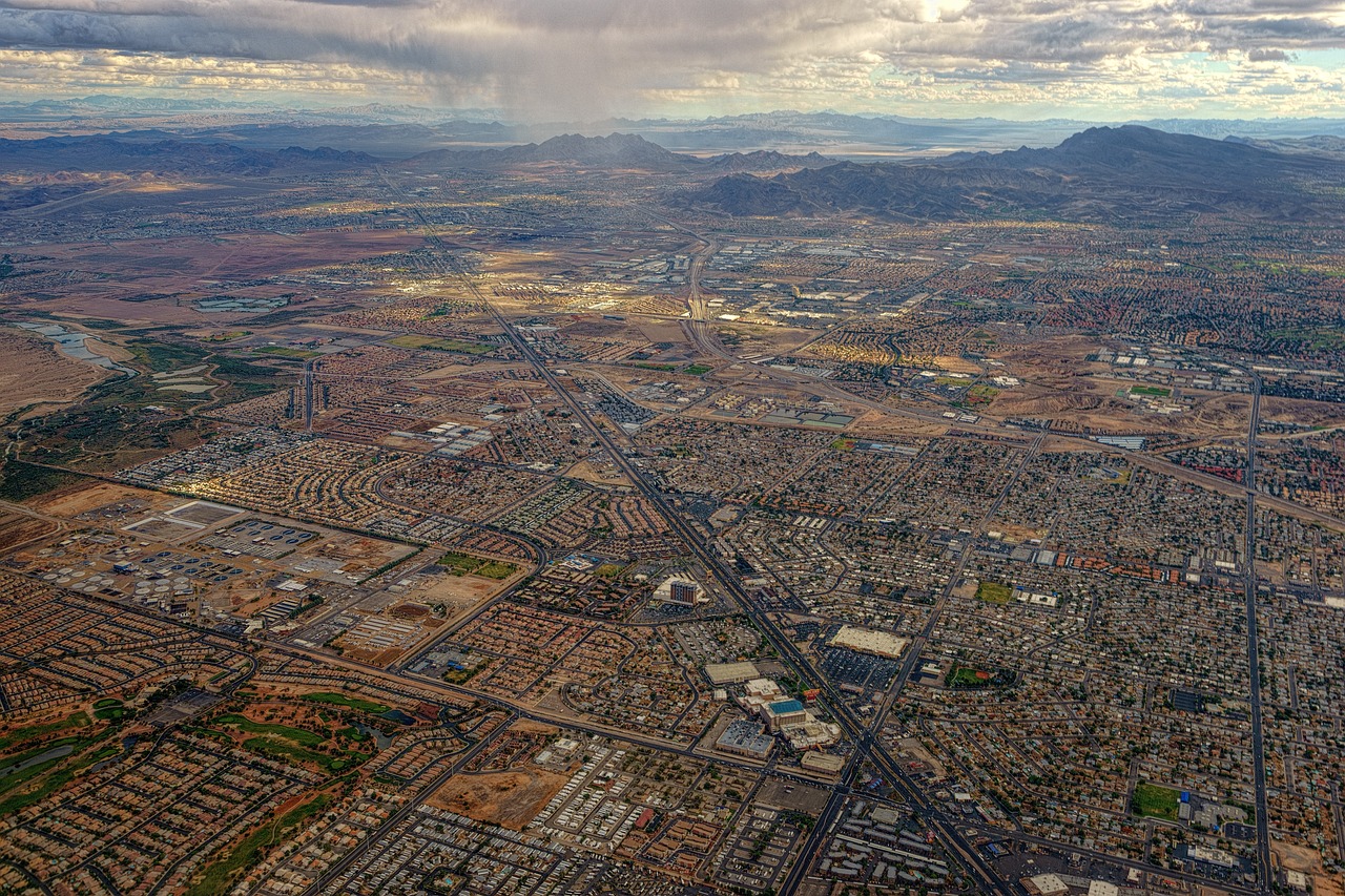 an aerial view of the surrounding area of Las Vegas, NV