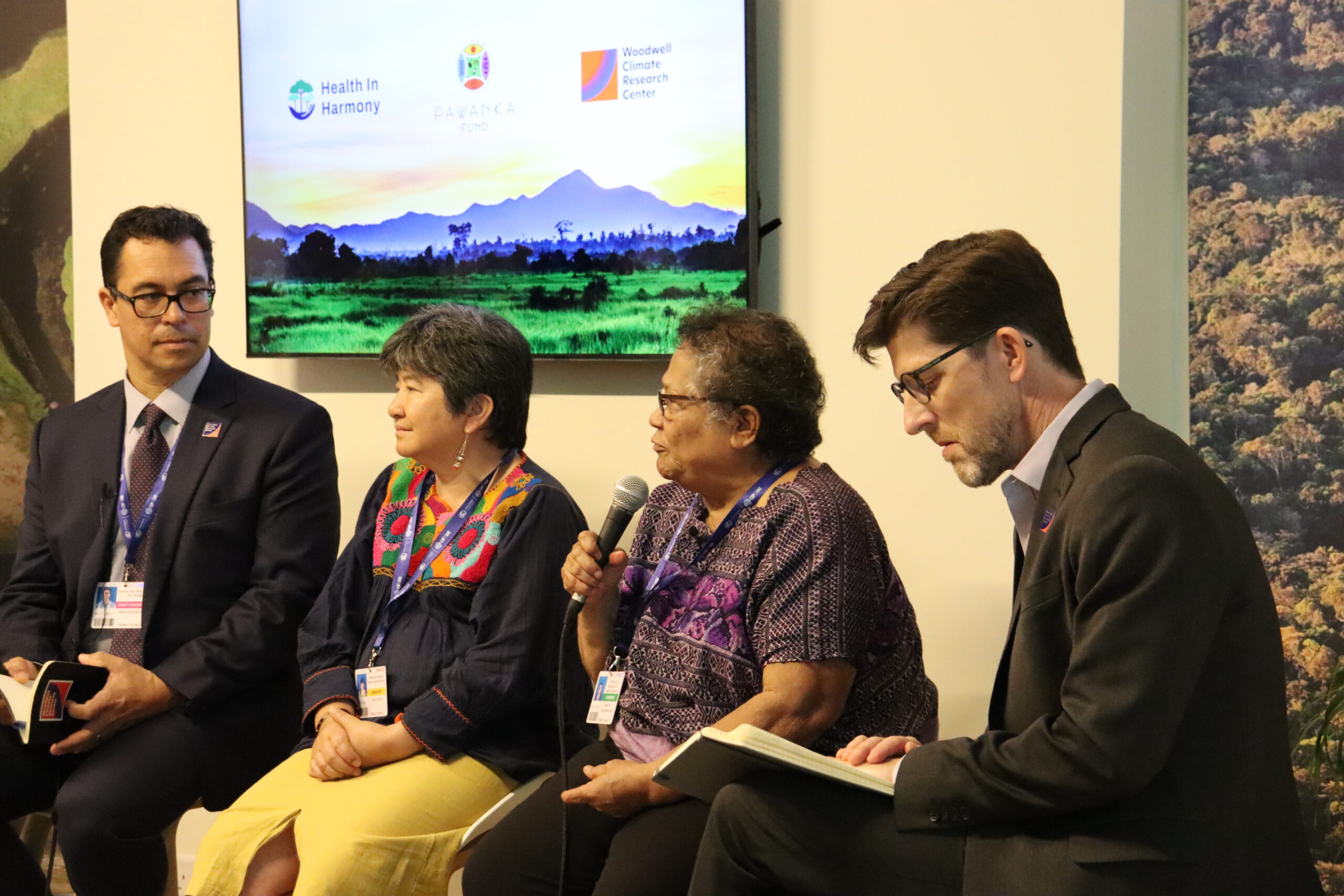 COP28 Panel, Dec 2 2023 Left to right: Ashley Emerson, Health in Harmony; Dr. Glenn Busy, Woodwell Climate; Joan Carling, Pawanka Fund; Dr. Myrna Cunningham, Pawanka Fund; Dr. Wayne Walker, Woodwell Climate Panel at COP28, Dec 2 2023