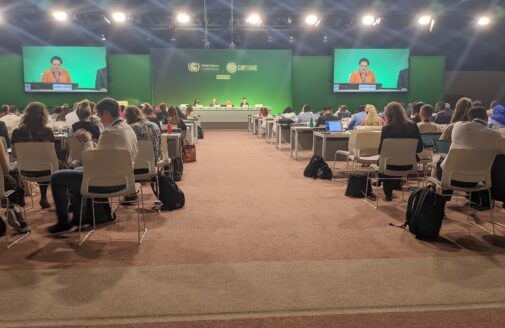 attendees at a COP28 event sit and listen to a speaker in a large room