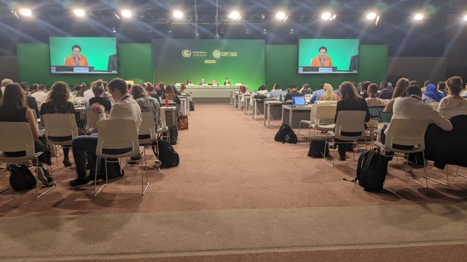 attendees at a COP28 event sit and listen to a speaker in a large room