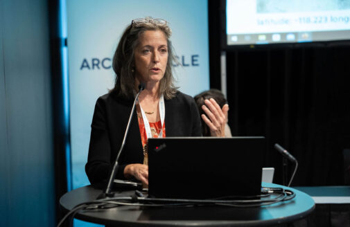 Dr. Sue Natali explaining how Permafrost Pathways is addressing current inadequacies in the modeling and monitoring of permafrost thaw during a panel about Arctic methane at Arctic Circle Assembly 2023. Photo courtesy of Arctic Circle/Flickr