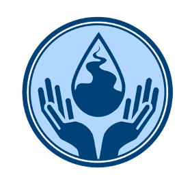 a blue logo that depicts two hands holding a water droplet, which contains the shape of a river