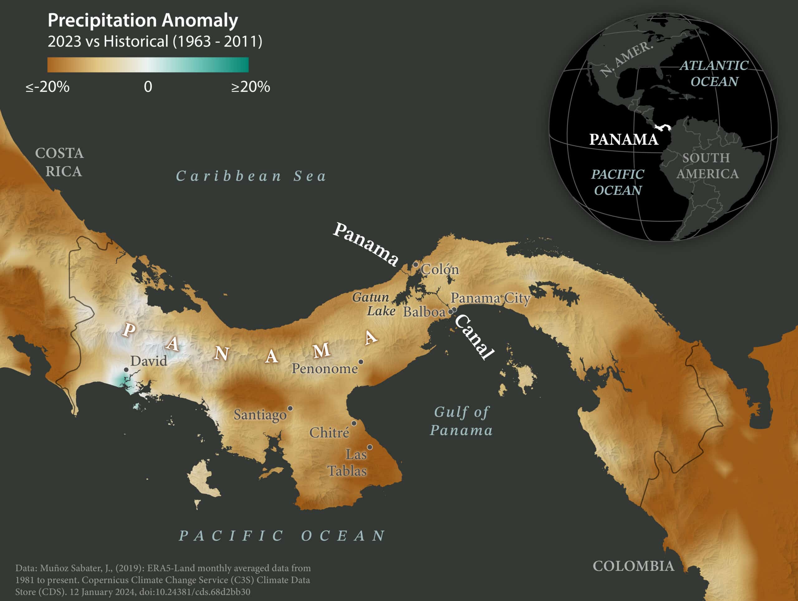 map of Panama showing precipitation anomalies from 2023