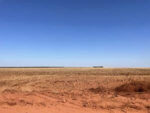 a bright blue sky over orange soil of a barren field