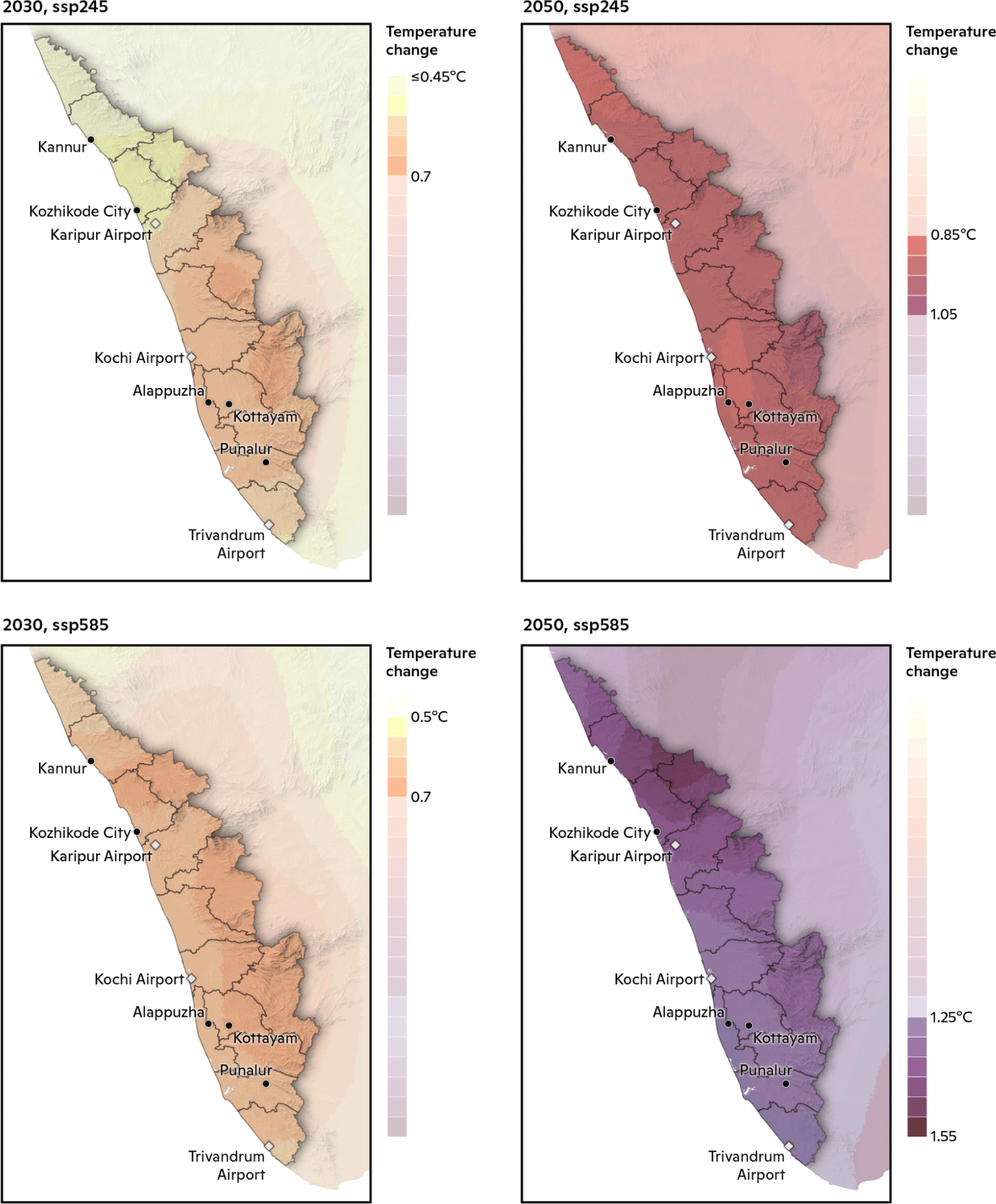 Figure 3. The projected increase in March Tas,max under two time periods: 2030 (2020–2040) (left) and 2050 (2040–2060) (right), and two scenarios: SSP2-4.5 (top) and SSP5-8.5 (bottom). The colorbar range is consistent across subplots.