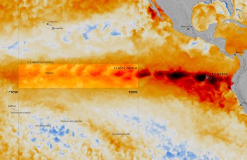 red and orange show temperature anomalies across the pacific ocean concentrated with the darkest red at the equator by the west coast of south america