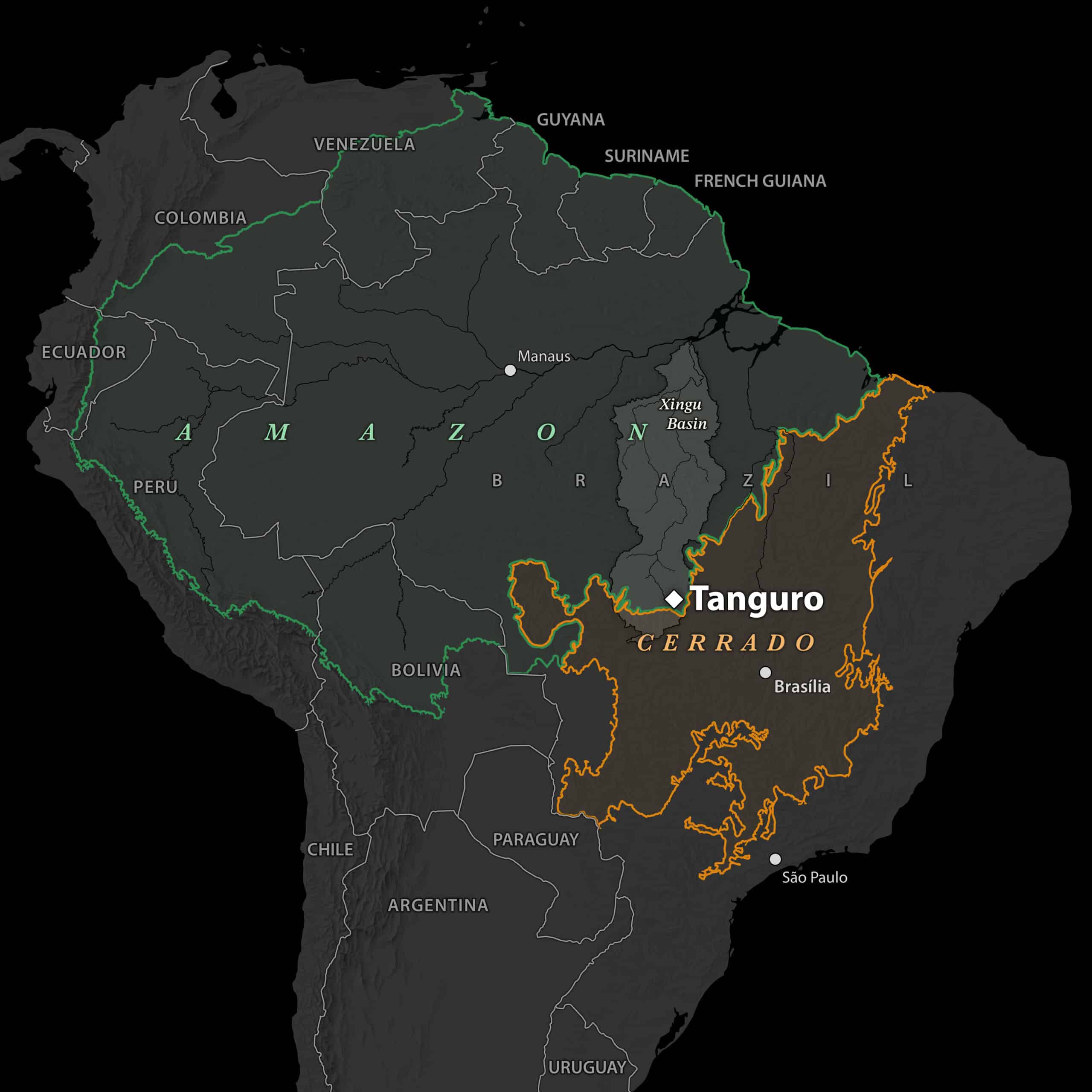 south america map with tanguro , amazon and cerrado located