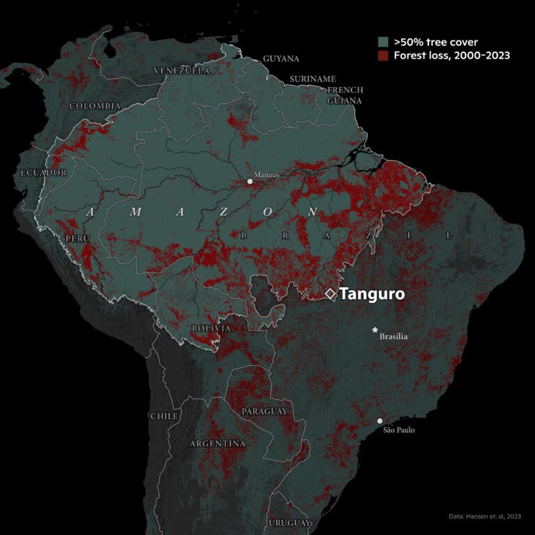 map of south america with deforestation overlaid ontop of the amazon, showing the location of tanguro