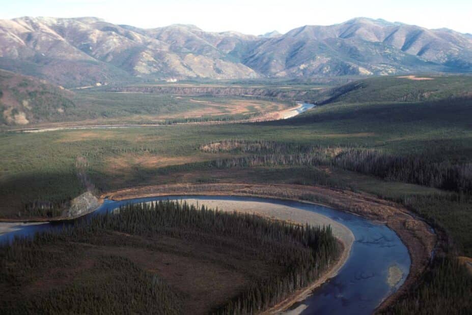 the bending arm of a river cuts through green grassy land with evergreen trees, mountains looming in the background