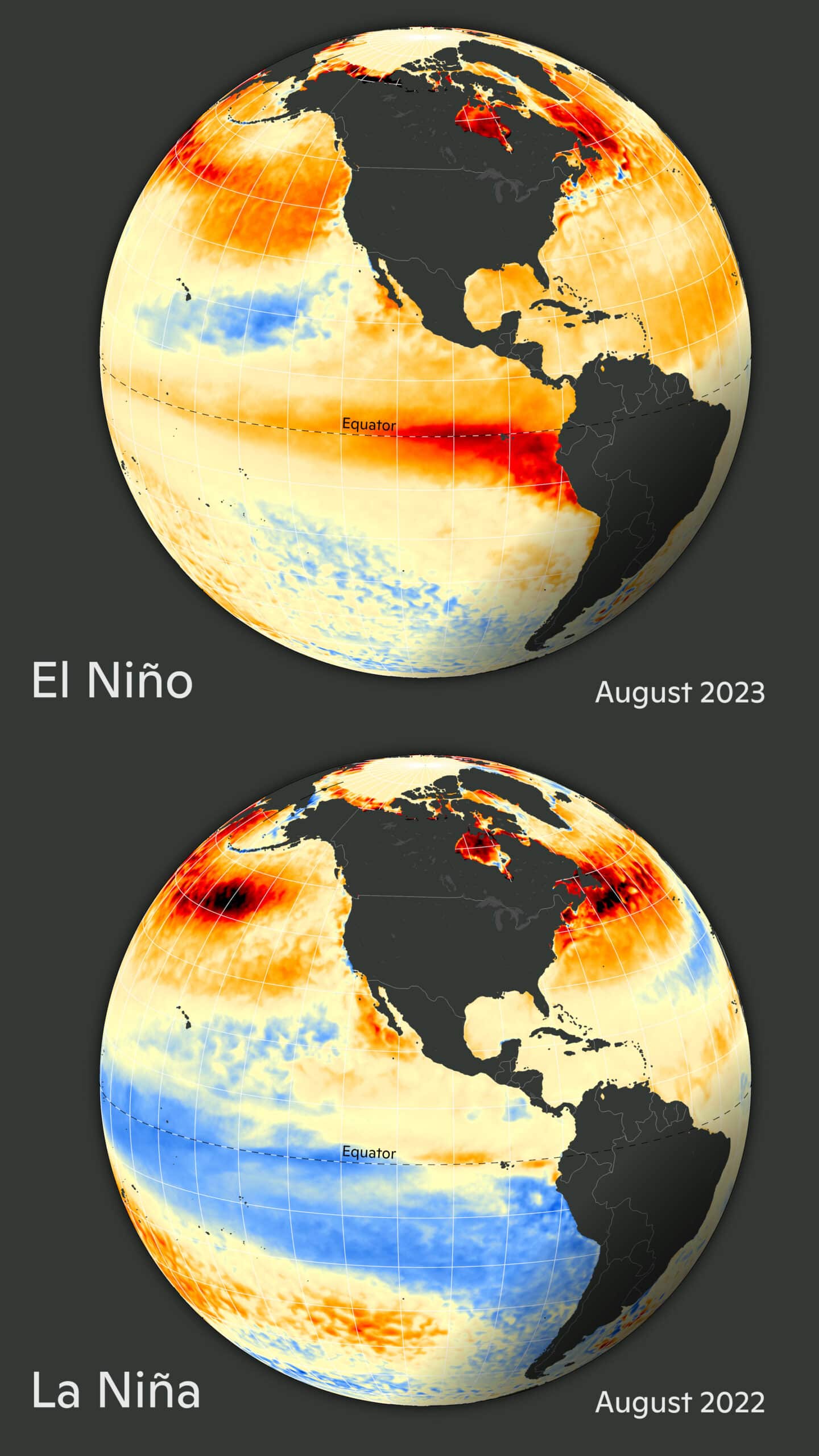 two globes showing el nino and la nina patterns in the pacific