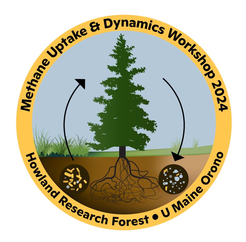 a circular logo that reads "Methane Uptake & Dynamics Workshop 2024, Howland Research Forest, U Maine Orono." The image inside is of an evergreen tree and two different colored microbe populations illustrated in the soil - one with an arrow pointing from the microbes to the tree, and the other with an arrow pointing the opposite direction.