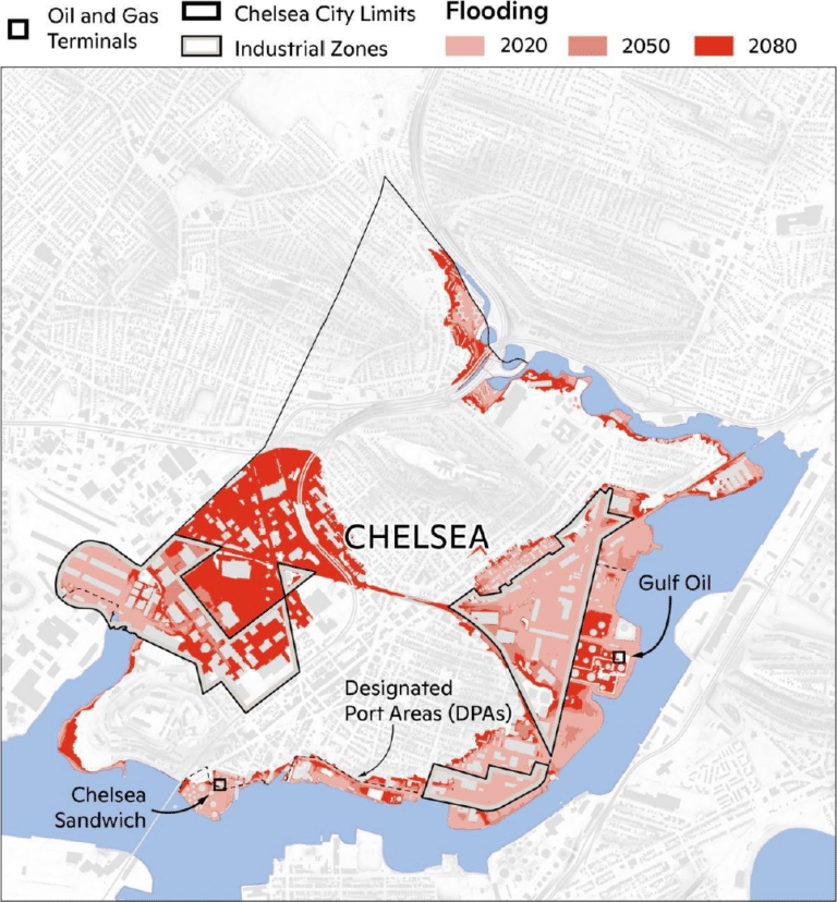 An example of a climate hazard map for Chelsea, MA, that shows present, 2050, and 2080 1% annual chance storm surge flood map.