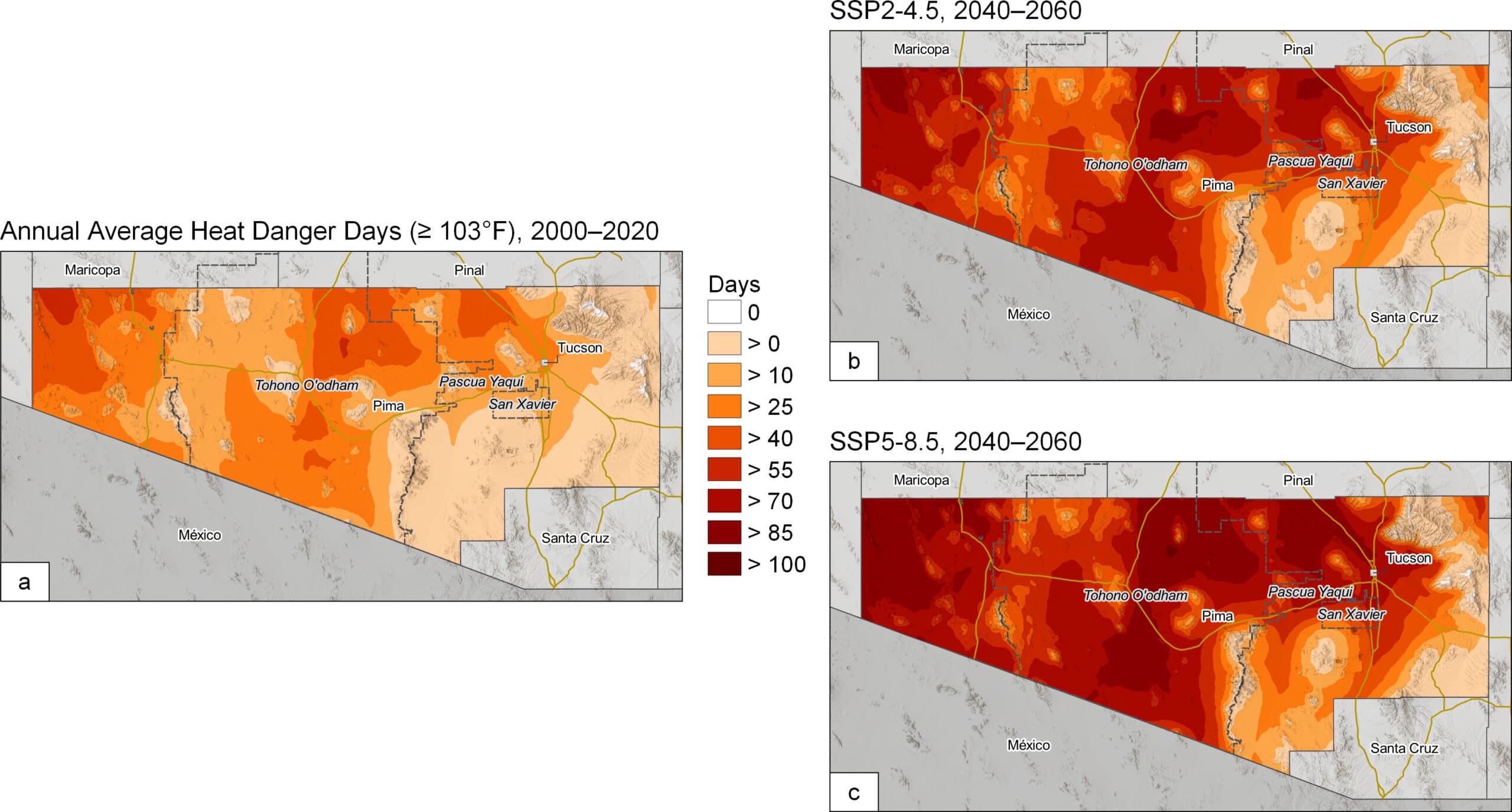 Figure 2. Heat danger days. (a) 2000–2020, (b) 2040–2060, SSP2, (c) 2040–2060, SSP5.