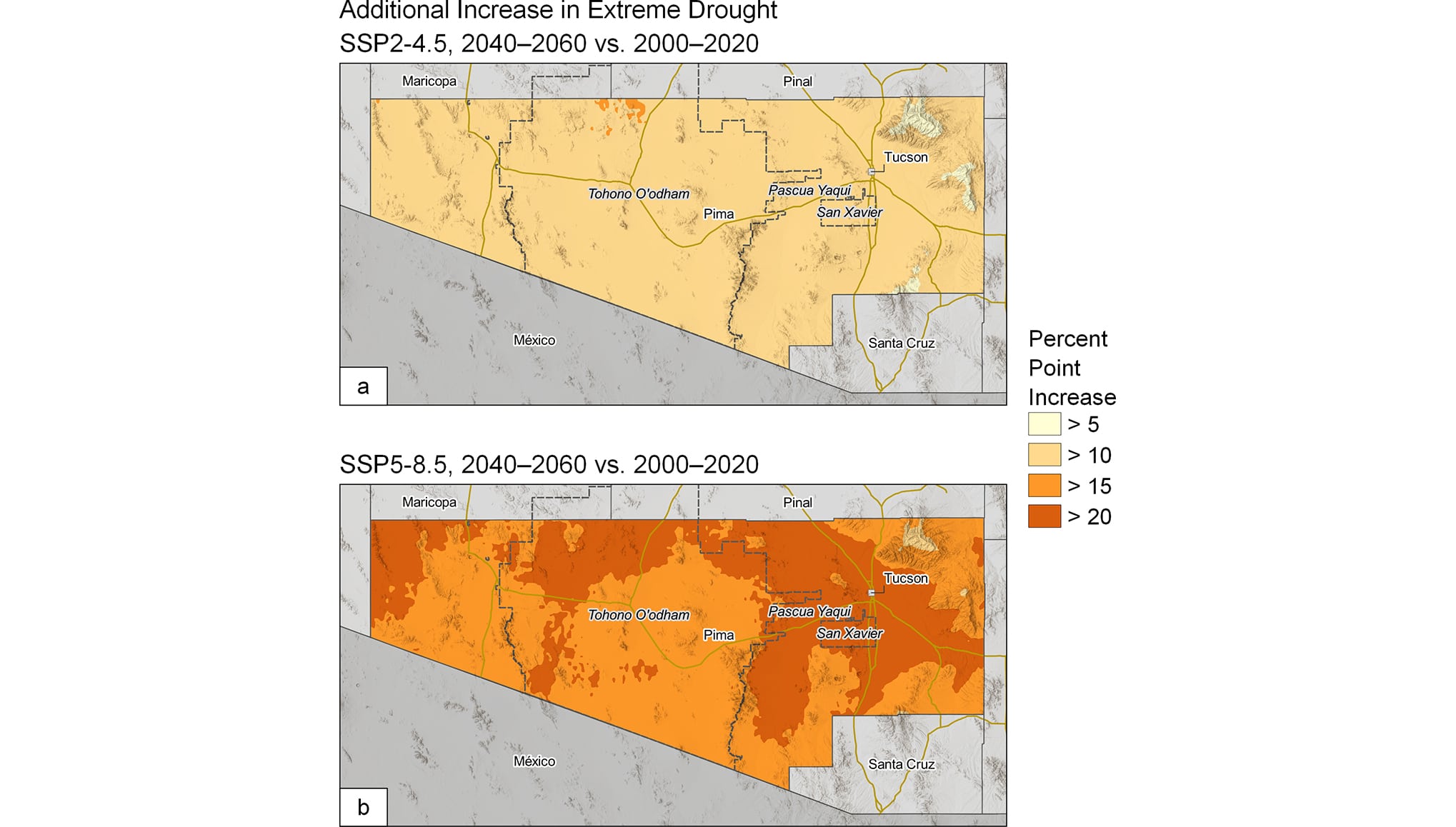 Figure 3. Additional increase in extreme drought relative to baseline period (2000–2020) by 2040–2060. (a) SSP2. (b) SSP5.