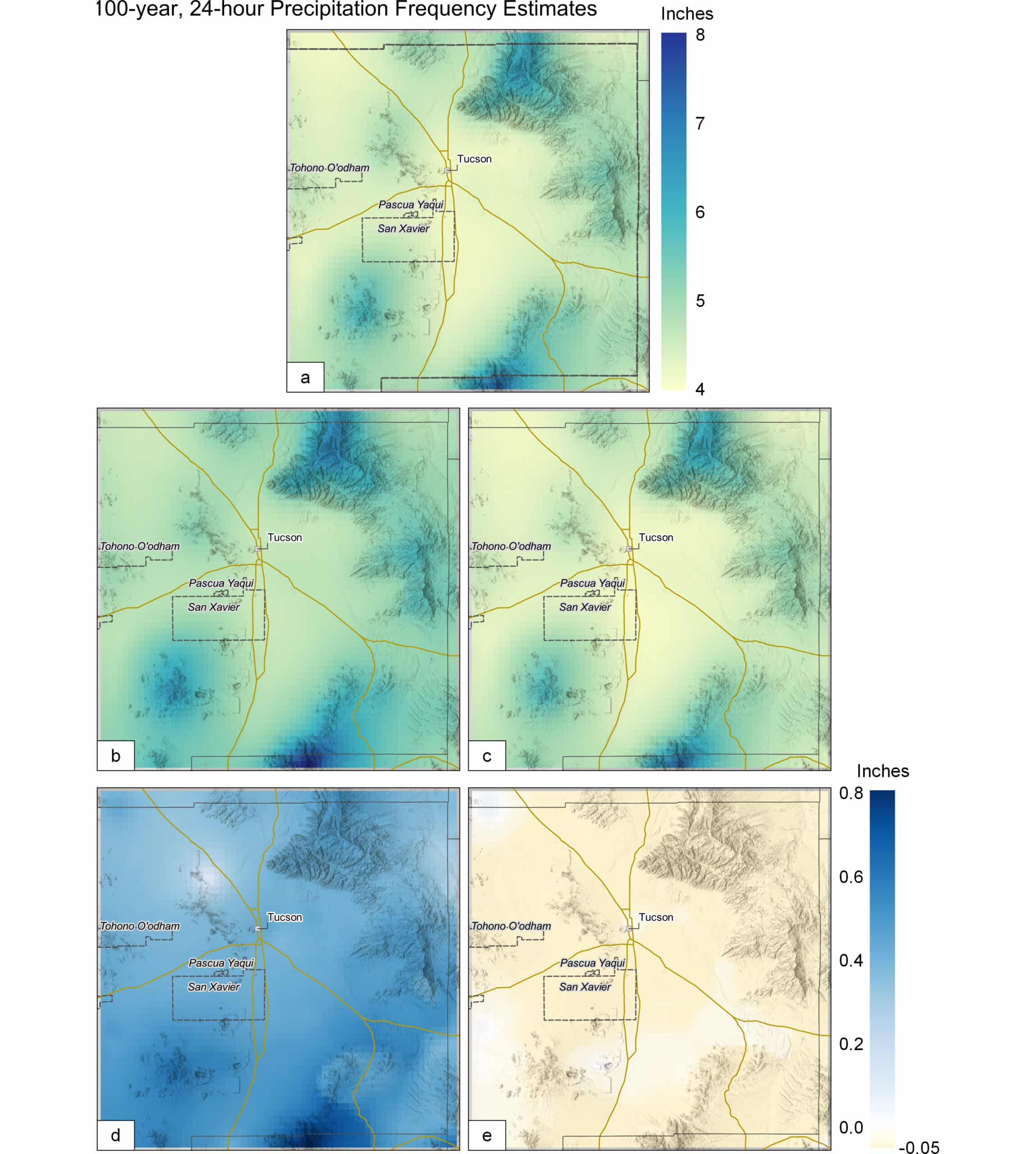 Figure 4. 100-year, 24-hour precipitation frequency estimates (PFEs) and difference plots. (a) NA14 upper 90% confidence interval, (b) SSP5 QS, (c) SSP5 NS, (d) Difference of (b)-(a) (future-projected QS results minus NA14 upper 90% CI), (e) Difference of (c)-(a) (future-projected NS results minus NA14 upper 90% CI).