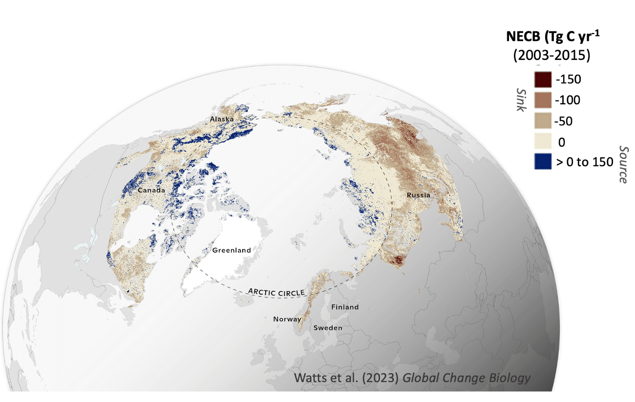 a map of the northern region showing that while most areas are still carbon sinks, many areas in Alaska, Canada, and the northern regions of Russia are carbon sources