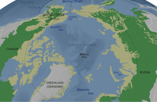 Map by Greg Fiske showing extent of the northern hemisphere tundra (yellow) and boreal (green) regions. The Arctic circle is shown by the dotted line.