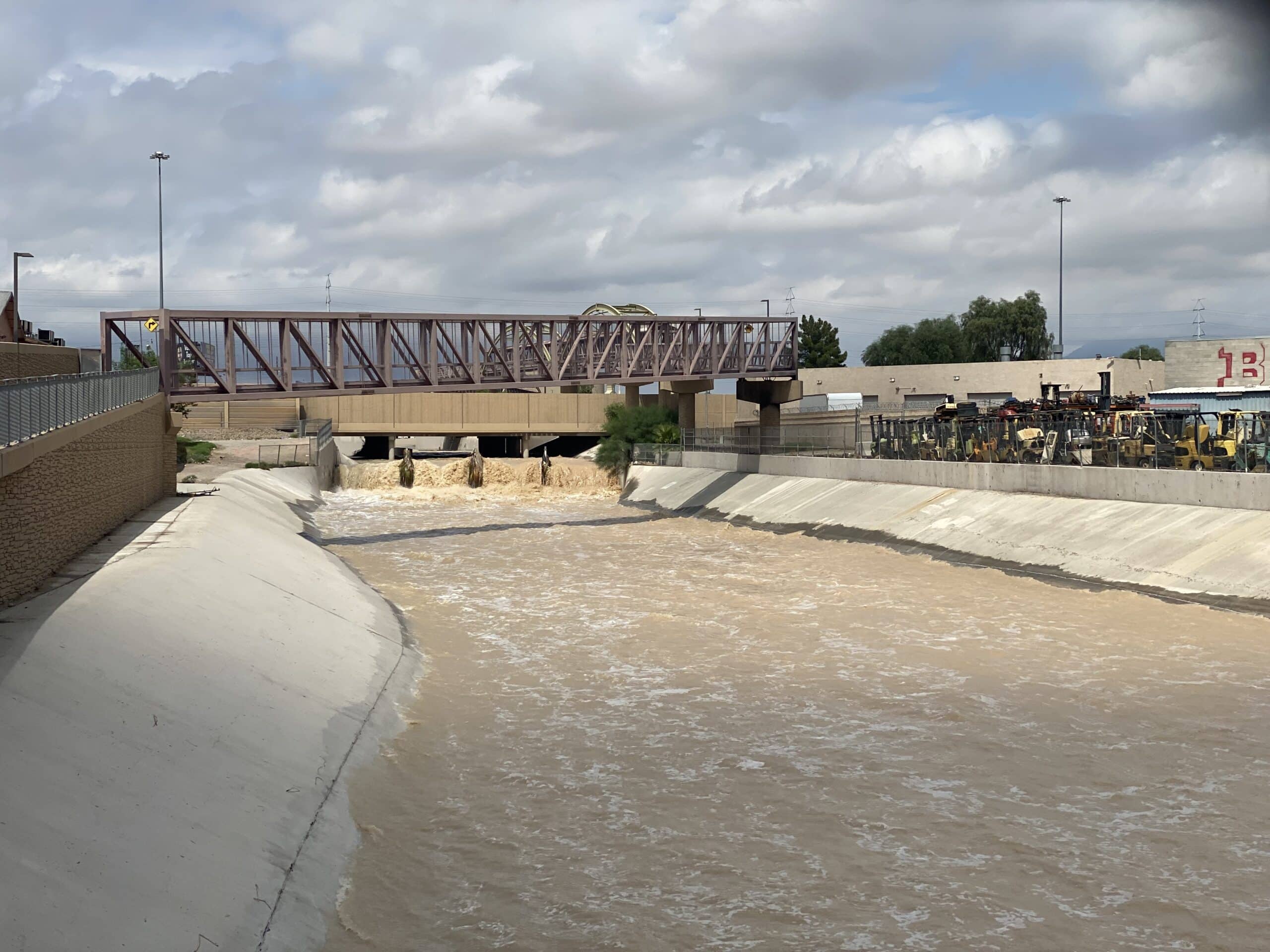 the flooded concrete basin of a wash in Las vegas