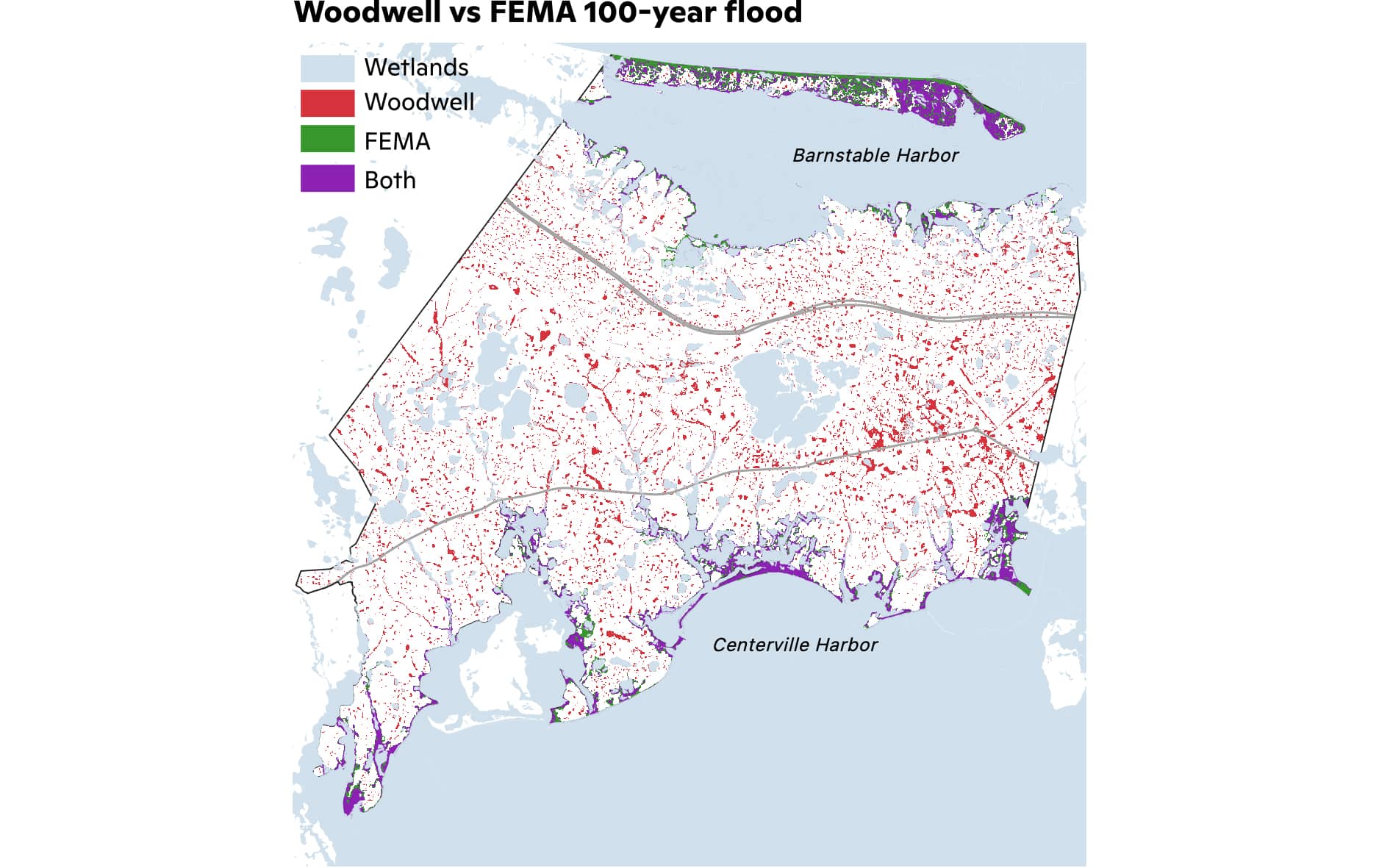 Woodwell vs FEMA 100-year flood for Barnstable, Massachusetts.