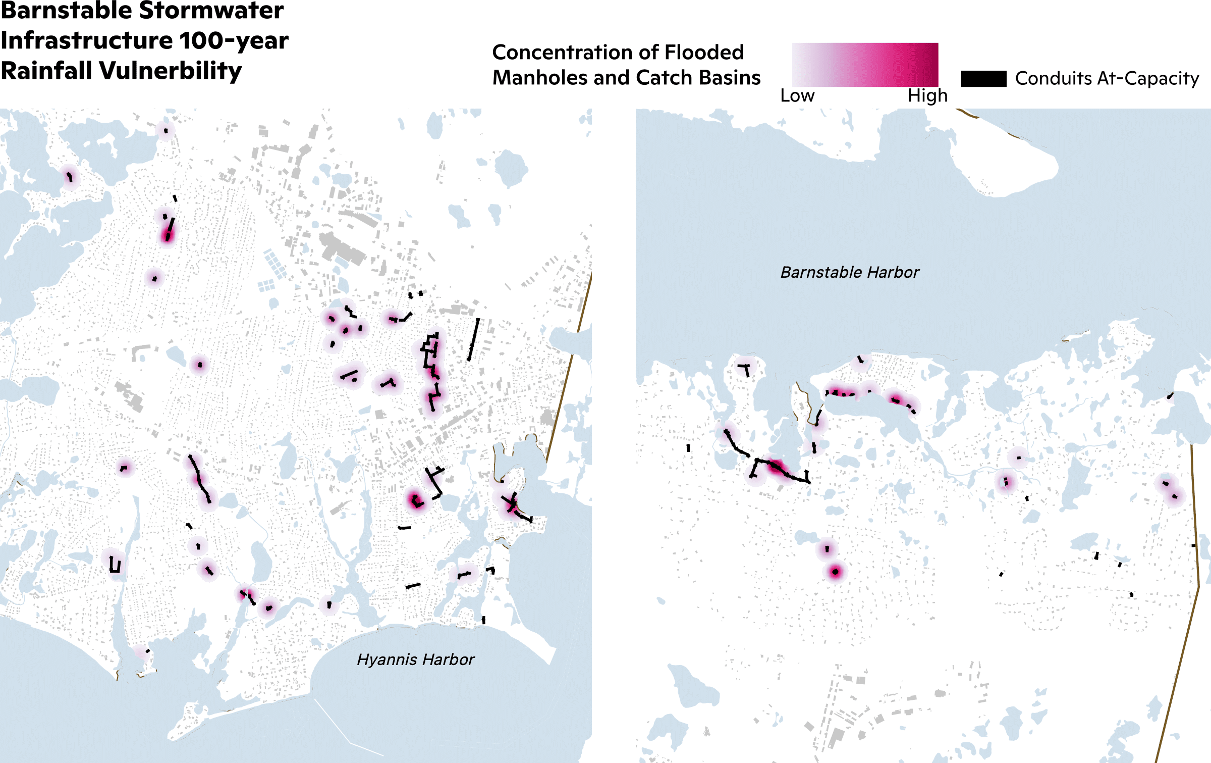 Barnstable, Massachusetts stormwater system flooding heat map.