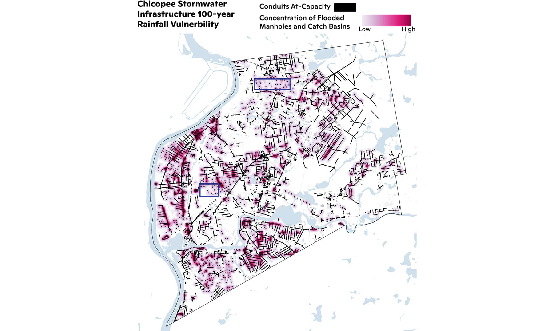 Chicopee, Massachusetts stormwater system flooding heat map.