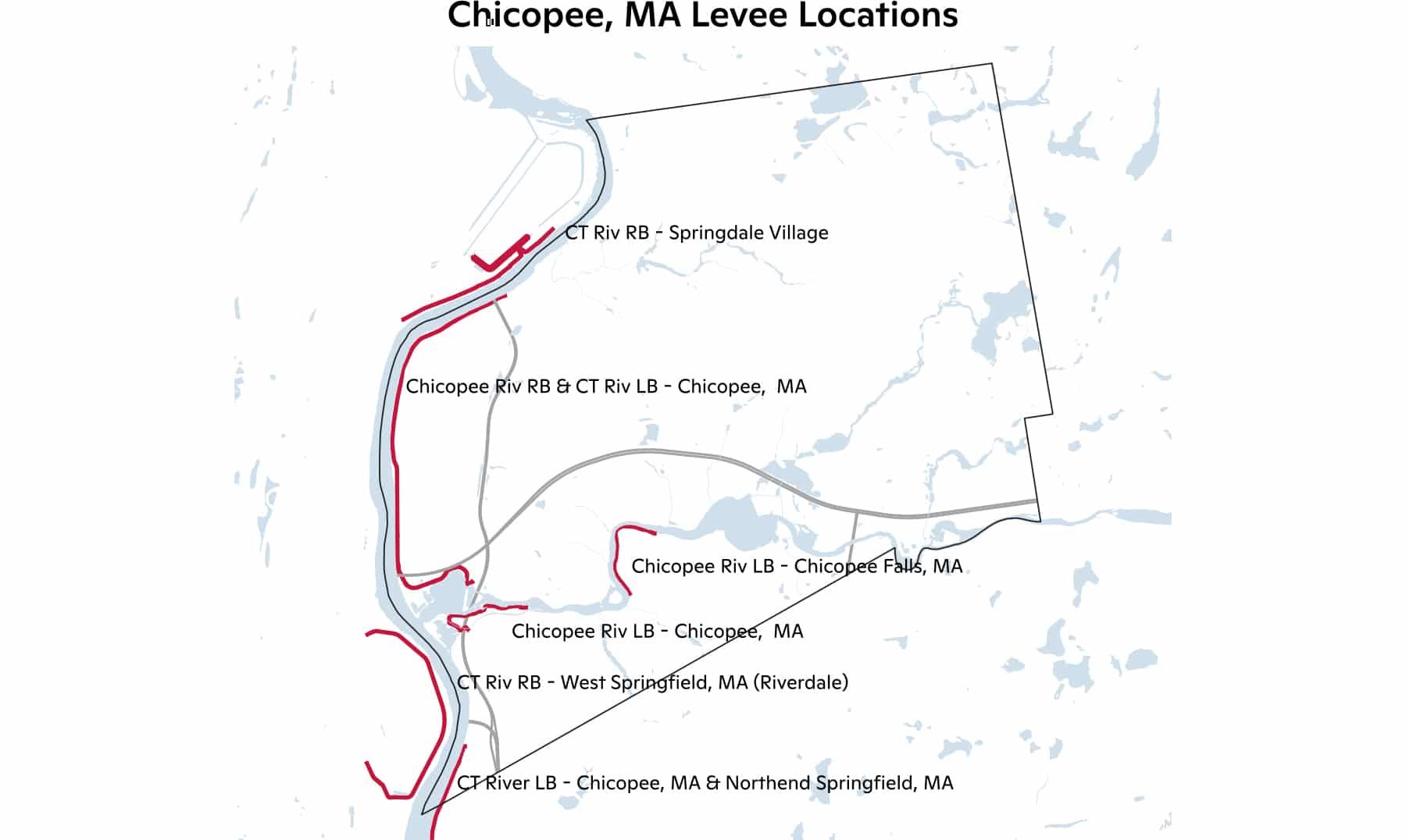 Map of levee locations around Chicopee, Massachusetts.