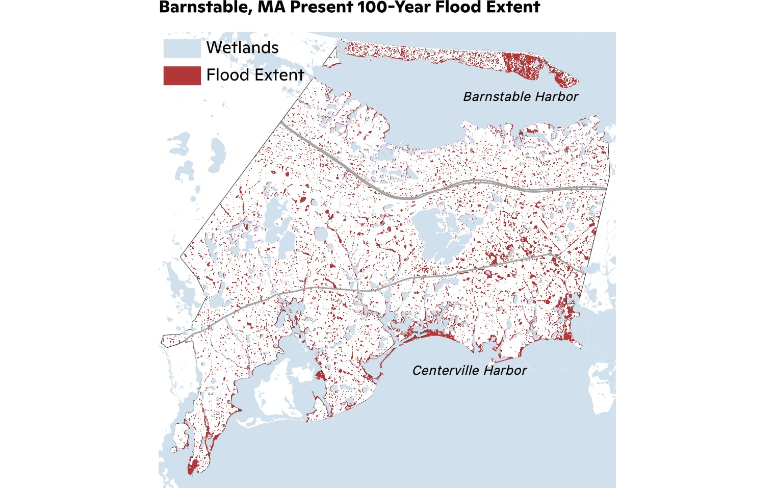 Present-day 100-year flood extent map for Barnstable, Massachusetts.