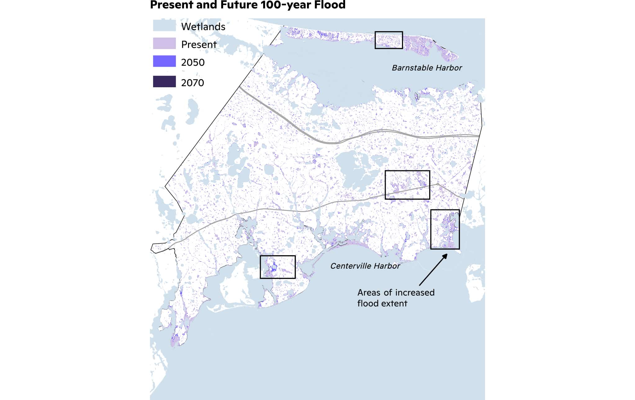 Present-day and future 100-year flood extent map for Barnstable, Massachusetts.