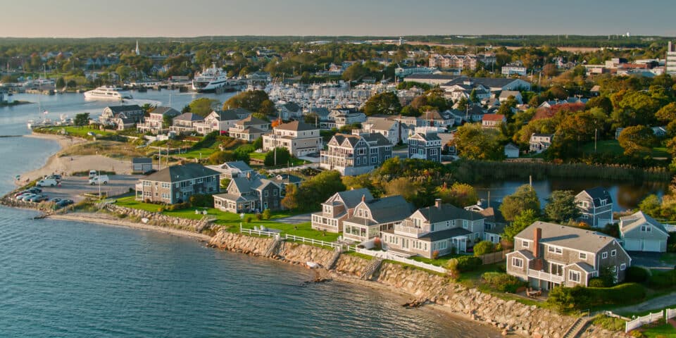 Aerial view of Hyannis on a fall evening, photo by Hal Bergman