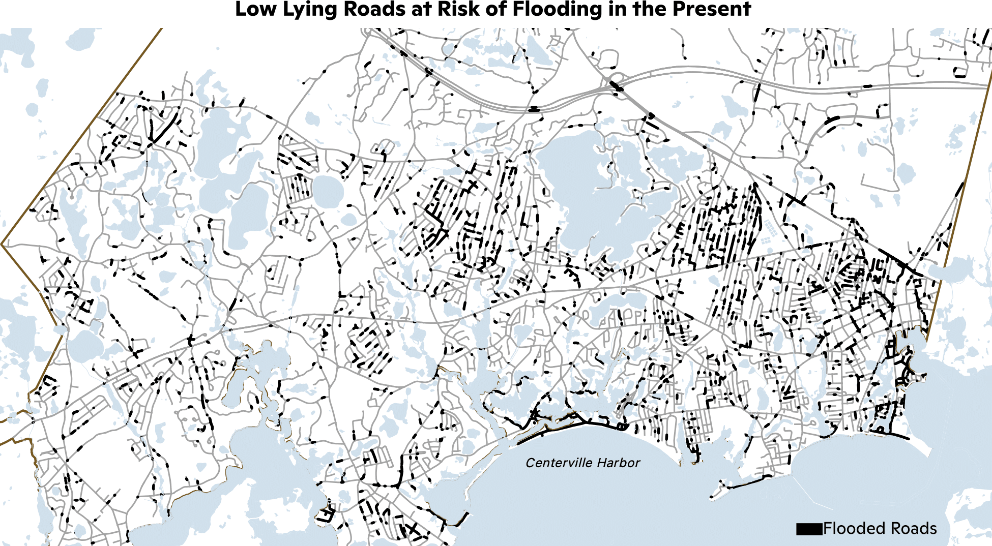 Map of Barnstable, Massachusetts low lying roads at risk.